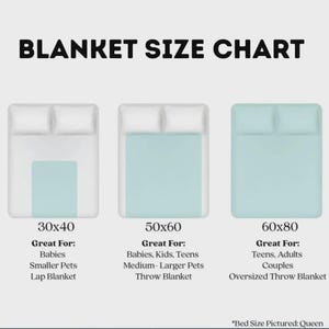 May include: A blanket size chart displaying three options: 30x40, 50x60, and 60x80 inches. Each size is illustrated with a light blue blanket on a white bed frame with two pillows. Text labels indicate the intended use for babies, kids, teens, and adults.