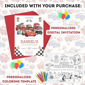 Op de afbeelding: Een gepersonaliseerde digitale uitnodiging en kleurplaat met cartoon raceauto's. De uitnodiging toont de tekst "RACE ON OVER", "DANIEL'S 5TH BIRTHDAY" en evenementdetails. Het kleurblad bevat de tekst "NEED FOR SPEED".