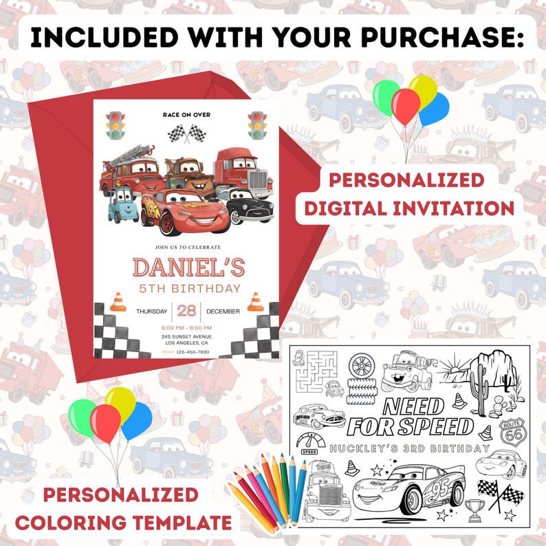 Op de afbeelding: Een gepersonaliseerde digitale uitnodiging en kleurplaat met cartoon raceauto's. De uitnodiging toont de tekst "RACE ON OVER", "DANIEL'S 5TH BIRTHDAY" en evenementdetails. Het kleurblad bevat de tekst "NEED FOR SPEED".
