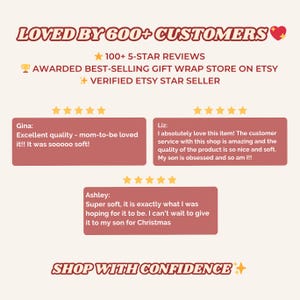 May include: A graphic display featuring the text LOVED BY 600+ CUSTOMERS, 100+ 5-STAR REVIEWS, AWARDED BEST-SELLING GIFT WRAP STORE ON ETSY, VERIFIED ETSY STAR SELLER, and SHOP WITH CONFIDENCE. Three customer reviews with five-star ratings are included.