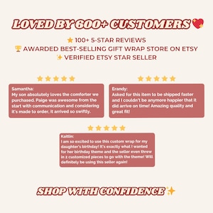May include: A graphic display featuring the text LOVED BY 600+ CUSTOMERS, 100+ 5-STAR REVIEWS, AWARDED BEST-SELLING GIFT WRAP STORE ON ETSY, and VERIFIED ETSY STAR SELLER. Includes three customer testimonials with five-star ratings and SHOP WITH CONFIDENCE.