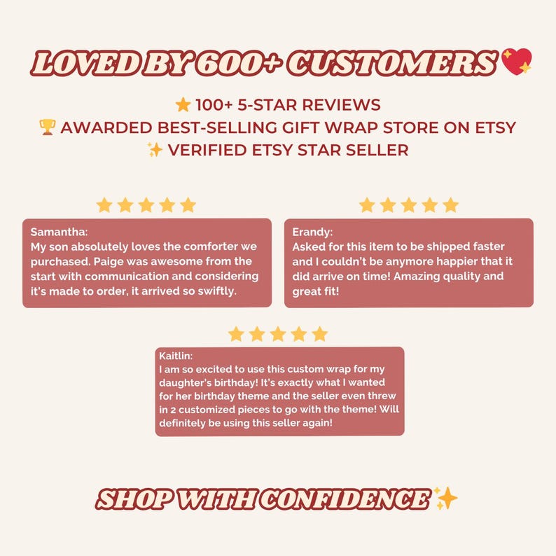 May include: A graphic display featuring the text LOVED BY 600+ CUSTOMERS, 100+ 5-STAR REVIEWS, AWARDED BEST-SELLING GIFT WRAP STORE ON ETSY, and VERIFIED ETSY STAR SELLER. Includes three customer testimonials with five-star ratings and SHOP WITH CONFIDENCE.