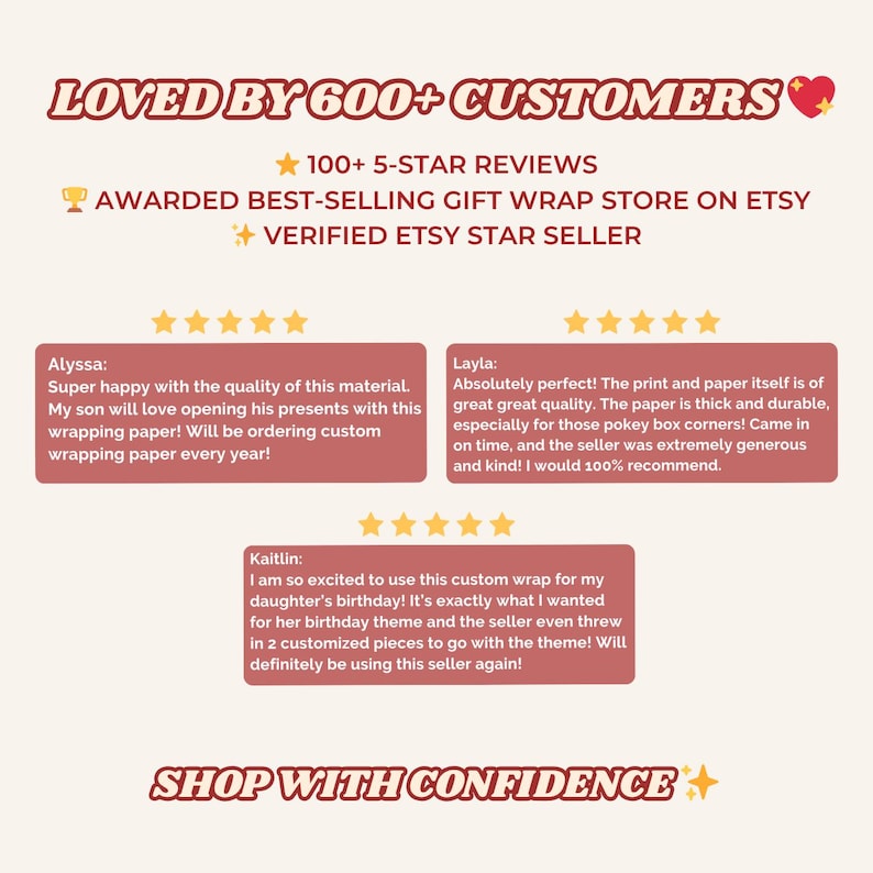 Puede incluir: Una pantalla gr&aacute;fica con el texto LOVED BY 600+ CUSTOMERS, 100+ 5-STAR REVIEWS, AWARDED BEST-SELLING GIFT WRAP STORE ON ETSY, VERIFIED ETSY STAR SELLER y SHOP WITH CONFIDENCE. Incluye tres rese&ntilde;as de clientes con calificaciones de cinco estrellas.