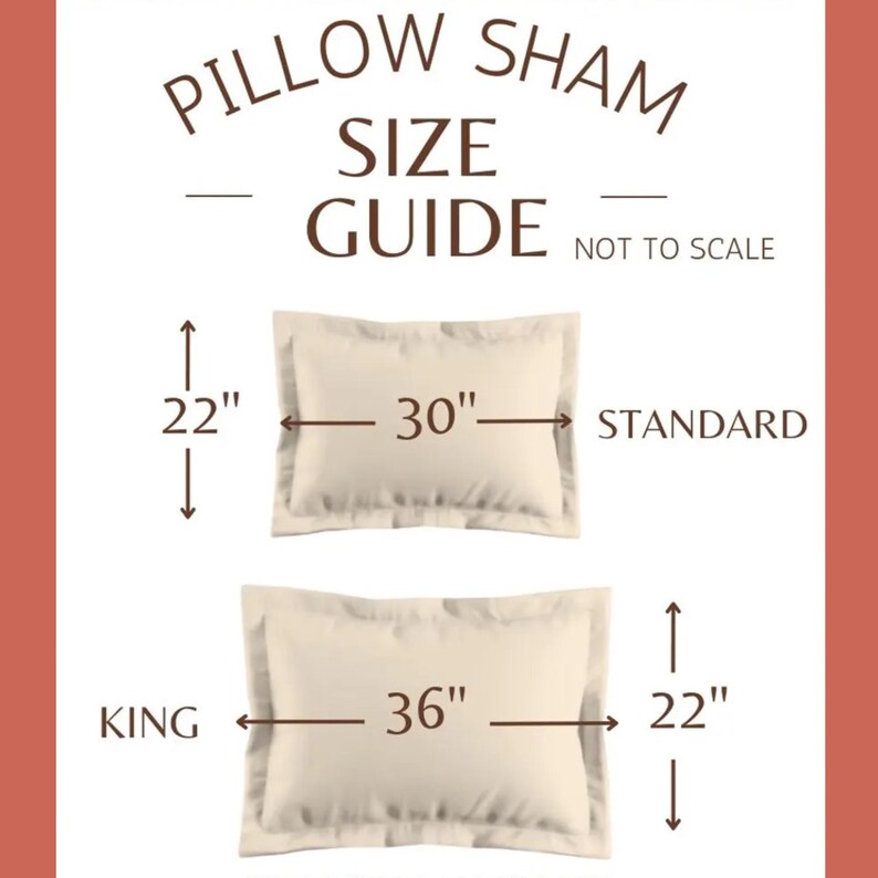 K&ouml;nnte beinhalten: Ein Kissenbezugs-Gr&ouml;&szlig;enf&uuml;hrer mit zwei Kissenbeispielen. Das Standardkissen ist 76 cm breit und 56 cm hoch. Das King-Size-Kissen ist 91 cm breit und 56 cm hoch. Der Text "PILLOW SHAM SIZE GUIDE" steht oben.