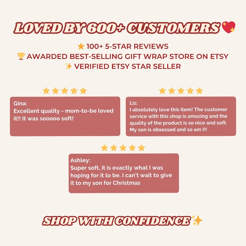 May include: A graphic display featuring the text LOVED BY 600+ CUSTOMERS, 100+ 5-STAR REVIEWS, AWARDED BEST-SELLING GIFT WRAP STORE ON ETSY, VERIFIED ETSY STAR SELLER, and SHOP WITH CONFIDENCE. Three customer reviews with five-star ratings are included.