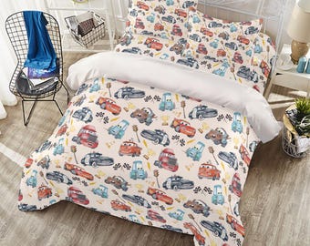 Cars Bedding Set, Lightning McQueen Quilt Cover with Sheet, Toddler Duvet Cover Bedding, Kids Bedroom, Disney Home Decor, Gift for Boys