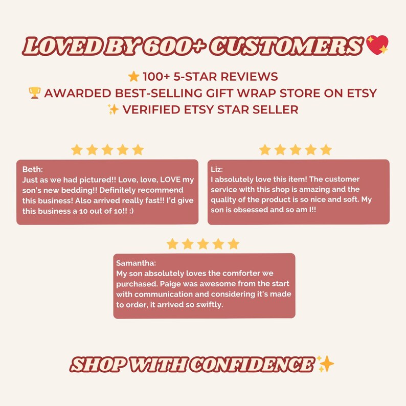 Pu&ograve; includere: Immagine con testo: "AMATO DA OLTRE 600 CLIENTI" e recensioni dei clienti. Il testo include anche "100+ RECENSIONI A 5 STELLE", "NEGOZIO DI CONFEZIONI REGALO PI&Ugrave; VENDUTO SU ETSY" e "VENDITORE STELLARE VERIFICATO ETSY".