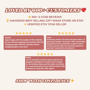 May include: A graphic display featuring the text LOVED BY 600+ CUSTOMERS, 100+ 5-STAR REVIEWS, AWARDED BEST-SELLING GIFT WRAP STORE ON ETSY, VERIFIED ETSY STAR SELLER, and SHOP WITH CONFIDENCE. Includes three customer reviews with five-star ratings.