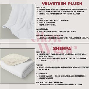 May include: A comparison chart featuring two blanket types. The top section shows a white velveteen plush blanket with smooth, short, silky fibres. The bottom section shows a white sherpa blanket with a thick, fluffy, wool-like textured backing.