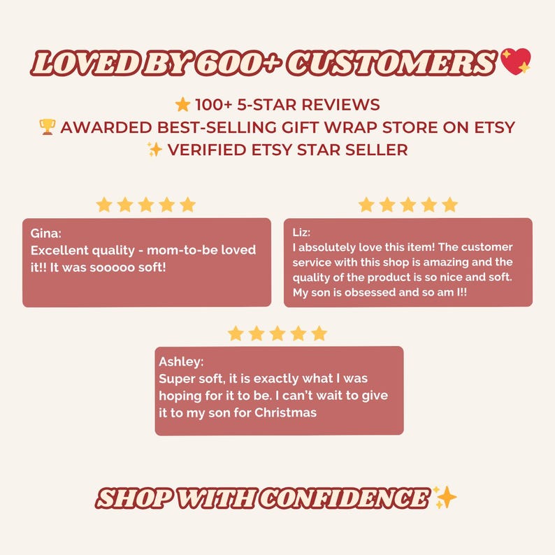 May include: A promotional graphic with the text "LOVED BY 600+ CUSTOMERS." It also includes "100+ 5-STAR REVIEWS" and "AWARDED BEST-SELLING GIFT WRAP STORE ON ETSY." Customer testimonials are featured, along with the phrase "SHOP WITH CONFIDENCE."