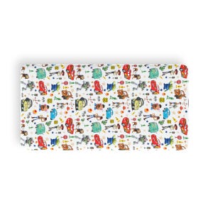 May include: A rectangular fabric sheet featuring a repeating pattern of various animated characters and vehicles on a white background. The print includes red race cars, blue cars, green vans, and figures of cowboys, space rangers, and potato-shaped toys.