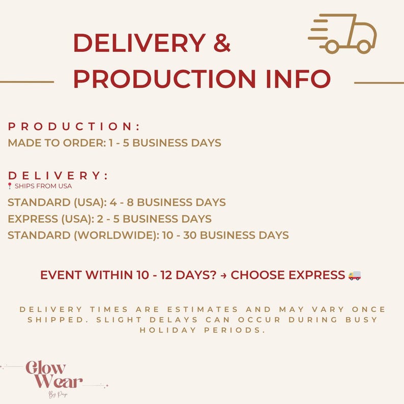 Puede incluir: Un gr&aacute;fico informativo con texto rojo oscuro sobre un fondo claro titulado DELIVERY & PRODUCTION INFO. Detalla tiempos de producci&oacute;n de 1 a 5 d&iacute;as h&aacute;biles, opciones de env&iacute;o a EE. UU. y estimaciones de entrega internacional, con un icono de cami&oacute;n.