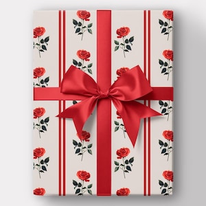 Floral Wrapping Paper - Red Rose Gift Wrap, Valentine&#39;s Day, Birthday, Holiday, Romantic Gift, Original Design