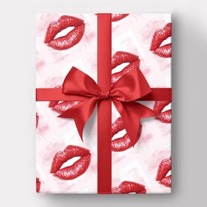 Wrapping Paper - Romantic Gift Wrap, Red Kisses Gift Wrap, Valentine&#39;s, Birthday, Gift For Her, Red Lips Gift Wrap