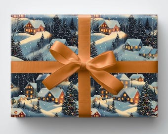Vintage Christmas Wrapping Paper Rolls - Winter Village Gift Wrap, Retro Holiday Packaging