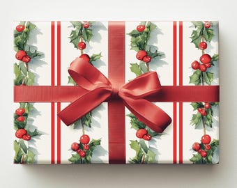 Vintage Holly Wrapping Paper, Christmas Gift Wrap, Retro Holiday Wrapping Paper Rolls