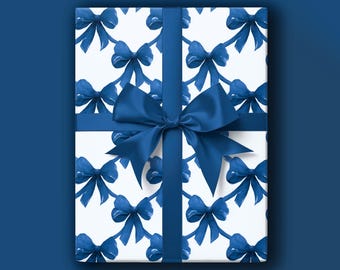 Blue Bow Gift Wrapping Paper: Navy Blue Ribbon Toile Gift Wrap