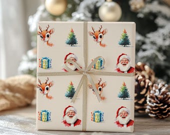 May include: A wrapped gift with festive Christmas-themed wrapping paper. The paper features repeating watercolor illustrations of Santa Claus, reindeer, Christmas trees, and wrapped presents. The gift is tied with a gold ribbon.