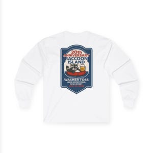 May include: White long-sleeved shirt with a graphic of a raccoon on a float holding a beer. The graphic reads "20th Anniversary Raccoon Island Washer Toss, Lake Hopatcong, New Jersey, July 25, 2020."