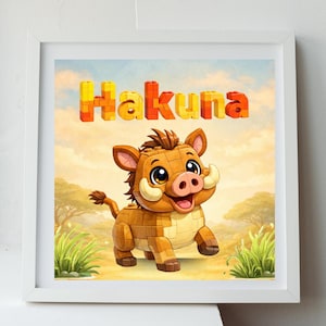 Può includere: Stampa incorniciata con un personaggio di facocero dei cartoni animati. La parola "Hakuna" è scritta con lettere a blocchi colorate. Lo sfondo raffigura una scena della savana con alberi ed erba, il tutto all'interno di una cornice bianca.