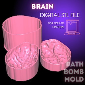 Pode incluir: Molde rosa para bombas de banho em forma de cérebro, com o texto "BRAIN DIGITAL STL FILE FOR FDM 3D PRINTERS BATH BOMB MOLD". O molde foi projetado para criar bombas de banho em forma de cérebro.