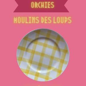 Set of 5 vintage flat plates – Orchies Moulins des Loups earthenware – yellow gingham pattern – 1950s – French retro tableware