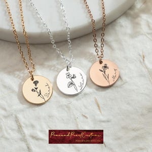 Tiny Birth Flower Disc Necklace • Birth Flower Necklace • Birth Month Flower • Birth Flower Jewelry • Gift For Mom