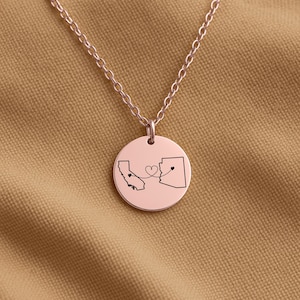 Personalized State Map Necklace: Long Distance Gift, Engraved Stainless Steel
