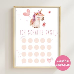 May include: A framed print featuring a watercolor unicorn with a pink and purple mane, holding a heart-shaped balloon. The text "ICH SCHAFFE DAS!" is above a grid of circles, with a pink heart at the bottom. A4 PDF zum Ausdrucken.