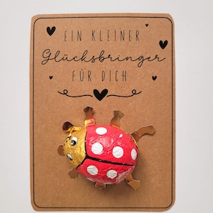 以下が含まれることがあります： 「Ein kleiner Glücksbringer für dich」というテキストが書かれた茶色のカードに、赤と白の小さなてんとう虫の形をしたチョコレートが載っています。