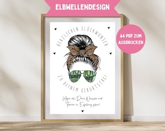May include: A framed print featuring a woman's face with a messy bun and sunglasses reflecting money. The text reads "Happy Birthday" in German. The print includes a pink circle with the text "A4 PDF to print".