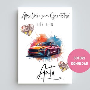 Puede incluir: Tarjeta de felicitación blanca con una ilustración de acuarela de un coche rojo. La tarjeta tiene texto en alemán, un círculo rosa con las palabras "SOFORT DOWNLOAD" y dos diseños en forma de corazón.