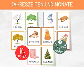 Flashcards seasons and months, morning circle learning cards to print, picture cards kindergarten nursery preschool Montessori weather