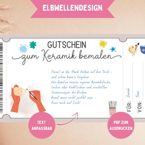Puede incluir: Un vale de regalo para pintar cerámica, con el texto "GUTSCHEIN zum Keramik bemalen" en una fuente manuscrita. El diseño incluye ilustraciones de pinceles, pintura y una taza de cerámica. El vale es personalizable e imprimible.