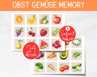 Fruit & Vegetable Memory Cards | Educational Game for Children | PDF Download for Printing | Montessori Game for Nutrition, Kindergarten, Preschool, and Food