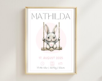 May include: A framed print featuring a watercolor illustration of a gray bunny on a swing, set against a pink circle. The name "MATHILDA" is above the bunny, with birth details below: August 17, 2025, 17:46, 3270g, and 53cm.