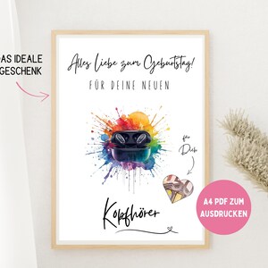 May include: A framed print with a watercolour design of black wireless earbuds, set against a vibrant paint splash. The text includes "Alles Liebe zum Geburtstag!" and "Kopfhörer". Also features the text "A4 PDF ZUM AUSDRUCKEN".