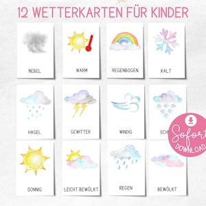 Puede incluir: Doce tarjetas meteorológicas para niños, cada una con una ilustración en acuarela de diferentes condiciones climáticas. Las tarjetas incluyen imágenes de niebla, sol, arcoíris, nieve, granizo, tormenta, viento, soleado, parcialmente nublado, lluvia y nublado.