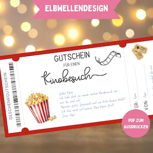 Puede incluir: Un vale de regalo con borde rojo con el texto "GUTSCHEIN FÜR EINEN Kinobesuch" y una ilustración de palomitas de maíz. El certificado incluye el texto "PDF ZUM AUSDRUCKEN" y el nombre "ELBWELLENDESIGN" en la parte superior.