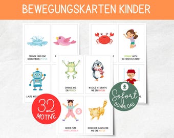 Movement cards for kindergartens (32 designs) | Movement games cards for children in kindergarten & daycare | PDF download A4 preschool morning circle
