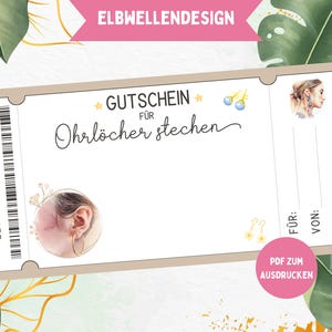 Może przedstawiać: Bon upominkowy na przekłuwanie uszu, z tekstem "Gutschein für Ohrlöcher stechen." Projekt zawiera ilustracje kolczyków i profil osoby noszącej kolczyki. Bon jest na tle zielonych liści.