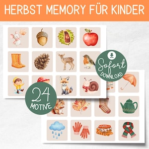 May include: A set of 24 illustrated memory game cards with autumn-themed images, including a mouse, acorn, apple, boots, and fox. The cards are arranged on a beige background, with the text "HERBST MEMORY FÜR KINDER" at the top.