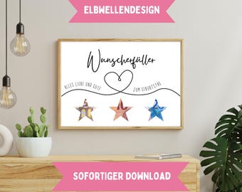 May include: A printable digital download with the text "Wunscherschüller" in black cursive font. The text is surrounded by a heart shape and the words "Alles Liebe und Gut" and "Zum Geburtstag". Three stars are shown with folded money inside.