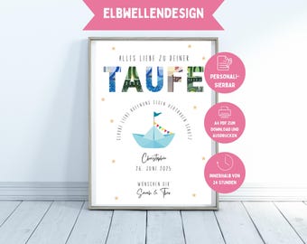 May include: A framed print with the word "TAUFE" in colorful letters, a blue paper boat, and text in German. The print includes the name "Christopher" and the date "26 JUNI 2075". Additional text and star accents complete the design.