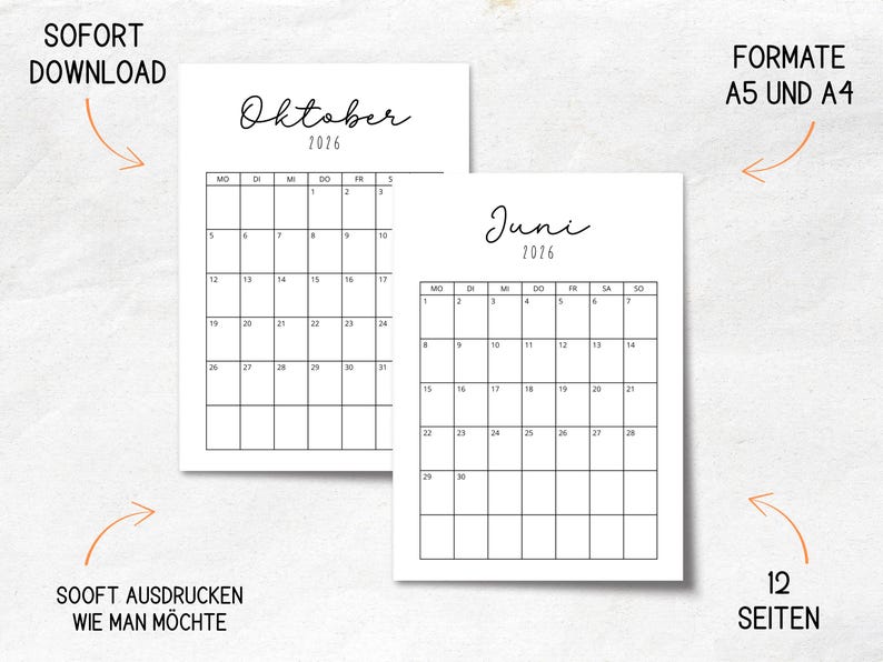 Kalender 2026 zum Ausdrucken und selbst gestalten | Jahreskalender