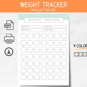 Könnte beinhalten: Ein druckbarer Gewichtstracker im A4- und Letter-Format. Das Design hat eine mintgrüne Kopfzeile mit den Worten "Weight Tracker" und ein Raster zur Fortschrittsverfolgung. Enthält PDF-, Druck- und Download-Symbole sowie eine Farbpalette.