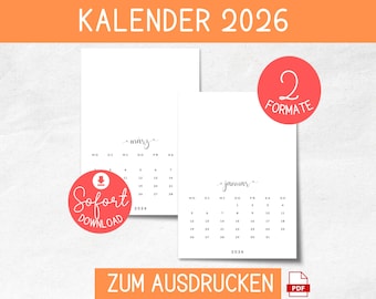 2026 Calendar for Printing and Customizing | Digital Annual Calendar Download | PDF in DIN A5, A4, Portrait Format | German Calendar PDF