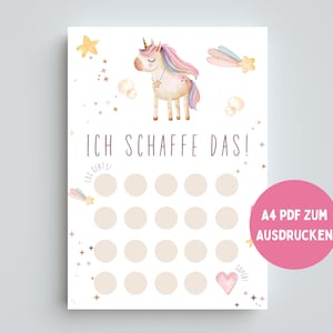 Könnte beinhalten: Ein druckbares Poster mit einer Aquarell-Illustration eines Einhorns. Das Poster enthält den Text "ICH SCHAFFE DAS!" und Kreise zur Fortschrittsverfolgung, sowie Sterne und ein Herz.