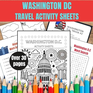 Livro de colorir de viagem de WASHINGTON DC para férias em família | Diário de viagem infantil | Páginas para colorir em PDF para download digital | Caça ao tesouro