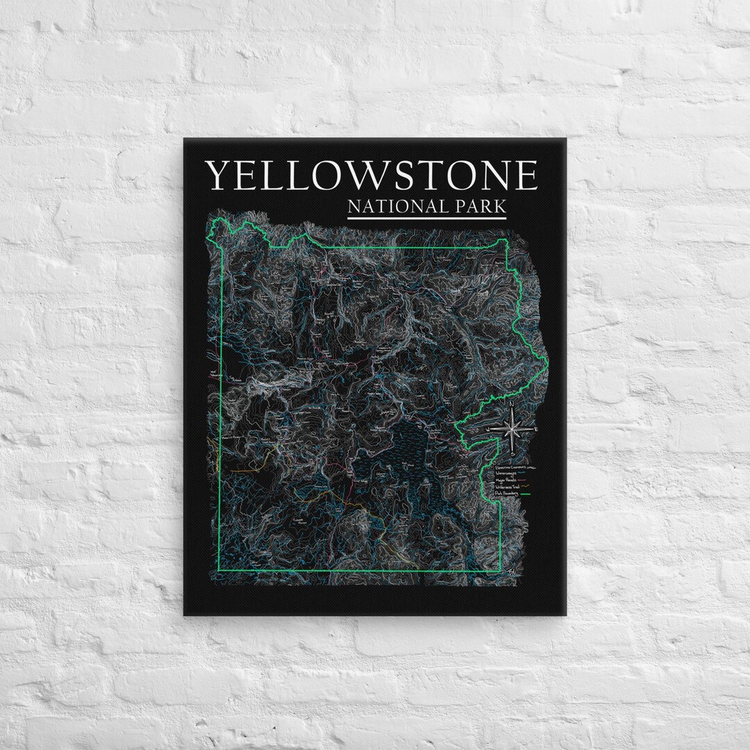 Yellowstone National Park Hand Drawn Topographic Map - Inverted Canvas ...